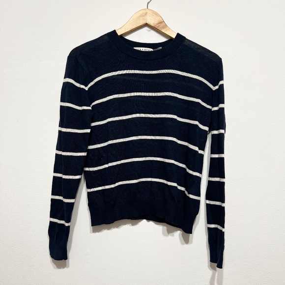 Alice And Olivia Cotton Linen Stretch Knit Crew Neck Striped Sweater Blue White - Picture 1 of 4